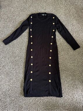 Karl Lagerfeld Black Knit Long-Sleeve Dress with Gold Buttons